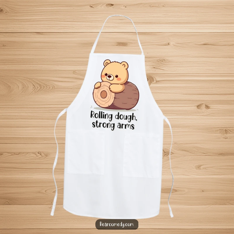 Funny apron design of a bear character determinedly nudging a giant, round log.