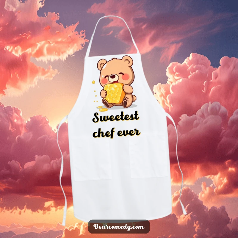 Funny apron showing a happy bear charactereating a gigantic, shimmering honeycomb while cooking, perfect for a cheerful kitchen.