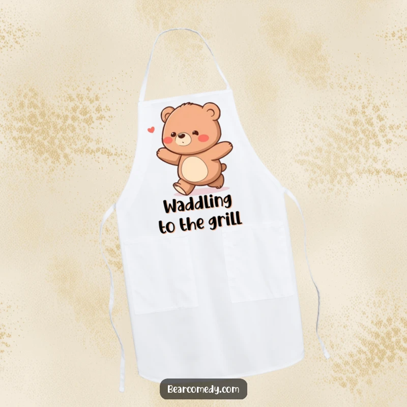 Funny bear character with a delighted waddle ambling along on a kitchen apron, for happy cooks.