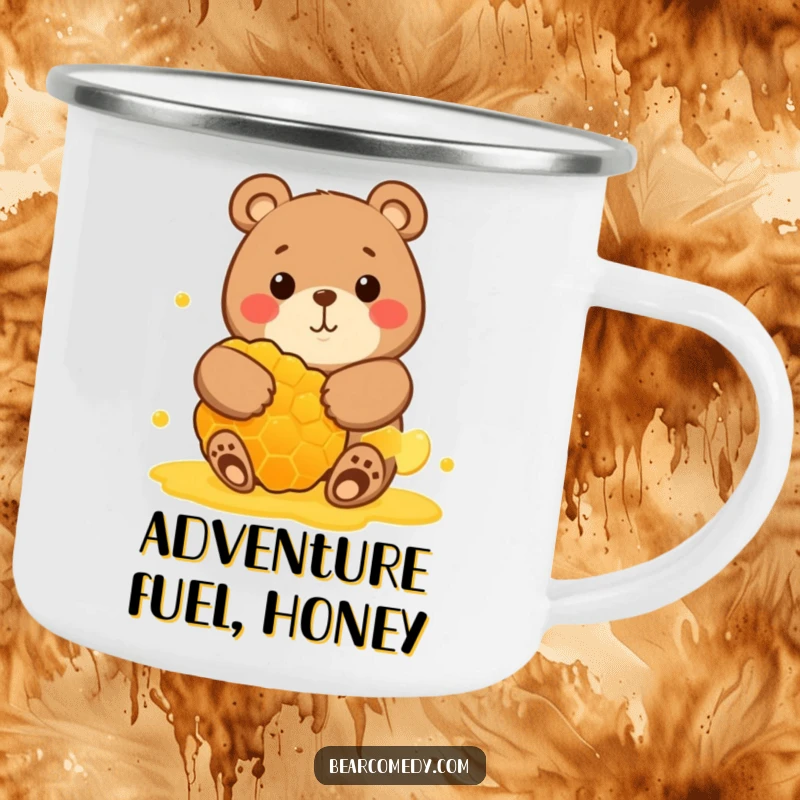 Funny camping mug showing a round bear with a happy grin hugging a giant honeycomb, perfect for sweet outdoor moments.