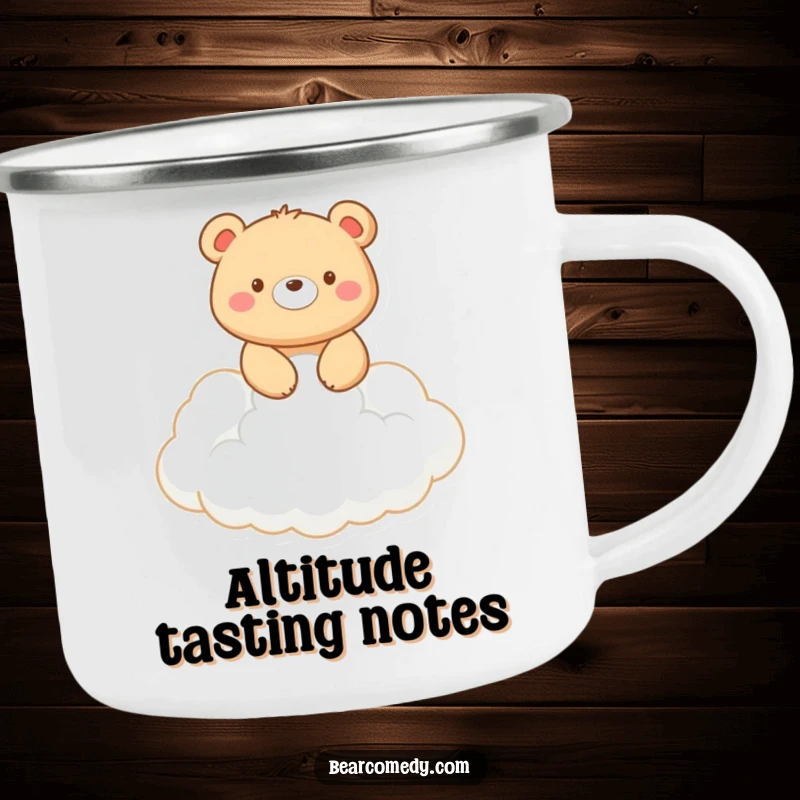 Funny camping mug: A smiling bear rides on a fluffy white cloud, ideal for outdoor adventures and whimsical moments.