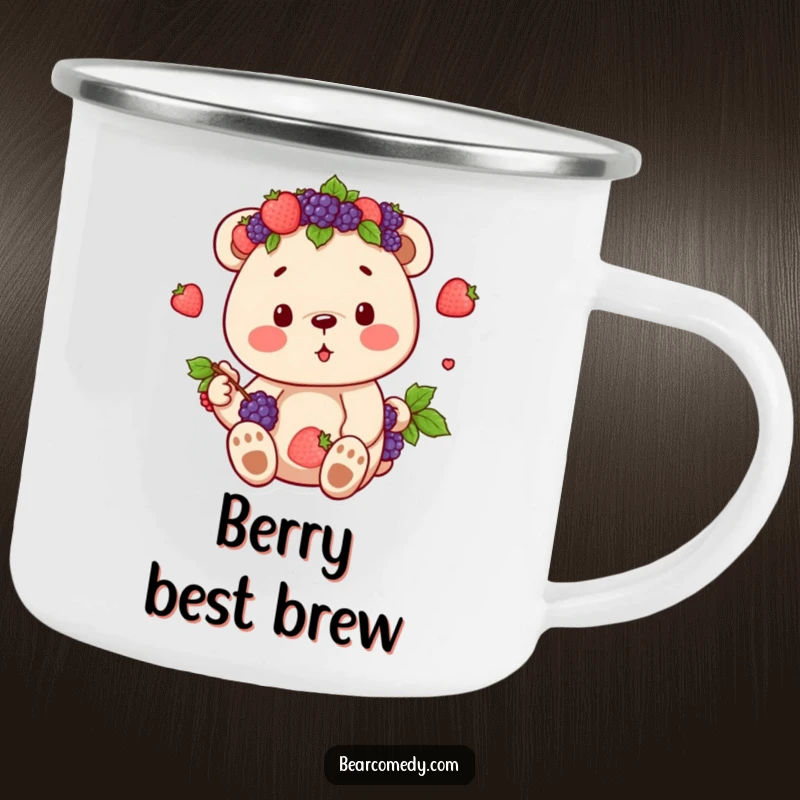 Funny camping mug featuring a bear character crowned with berries, enjoying its sweet bounty, perfect for rustic humor and drinks.
