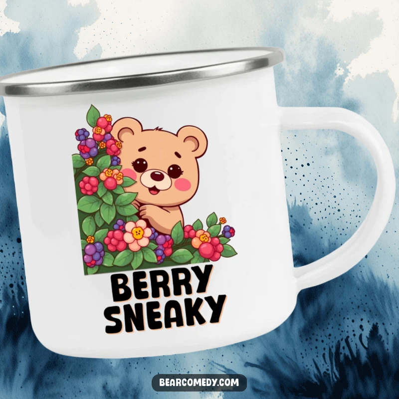 Funny camping mug of a mischievous bear with twinkling eyes, playfully peeking from a berry bush, for playful outdoor moments.
