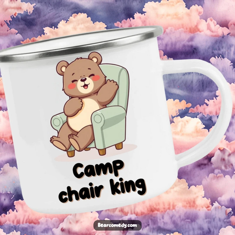 Funny bear camping mug showing a bear in a comical pose sitting on a tiny, oversized chair, perfect for outdoor humor.