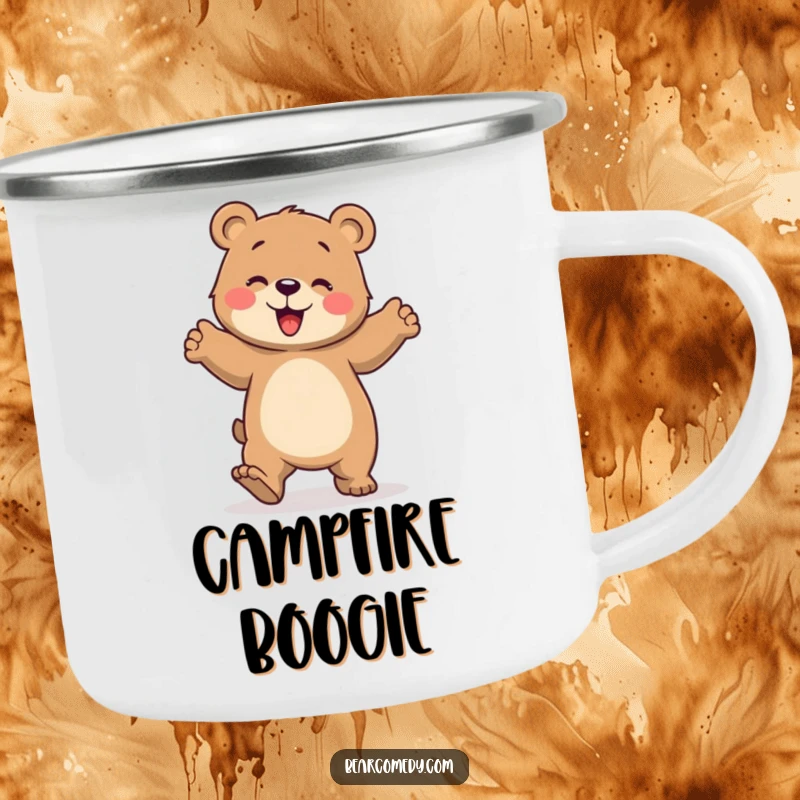 Funny camping mug featuring a bear character doing a clumsy, joyful dance with stomping paws, perfect for rustic humor and drinks.