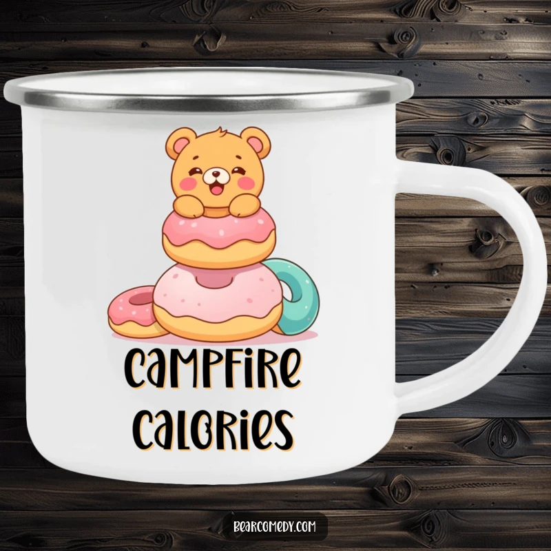 Funny camping mug featuring a delighted bear characterebalancing a stack of colorful, giant donuts, perfect for enjoying beverages outdoors.