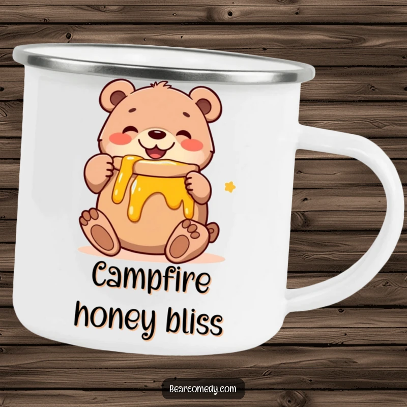 Funny enamel camping mug with a cheerful bear character hugging a big pot of honey, ideal for rugged, sweet adventures.