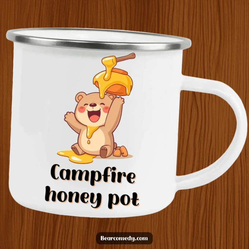 Funny camping mug depicting a bear character ecstatically reaching for a dripping honey pot, ready for outdoor fun and laughs.