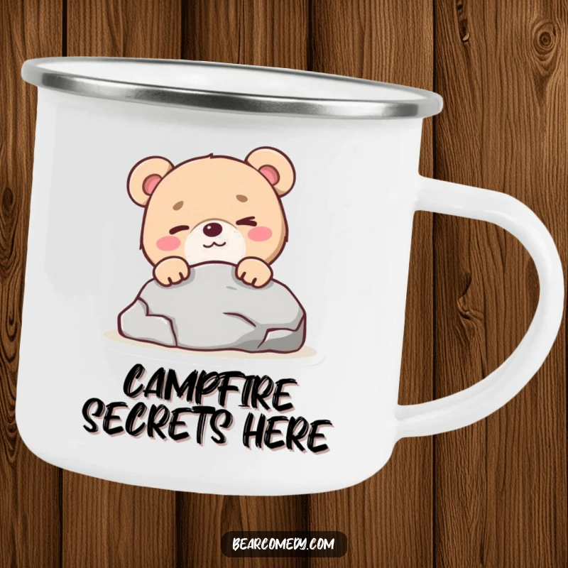 Funny bear character with a mischievous wink peeking from behind a rock on a durable camping mug, for outdoor fun.