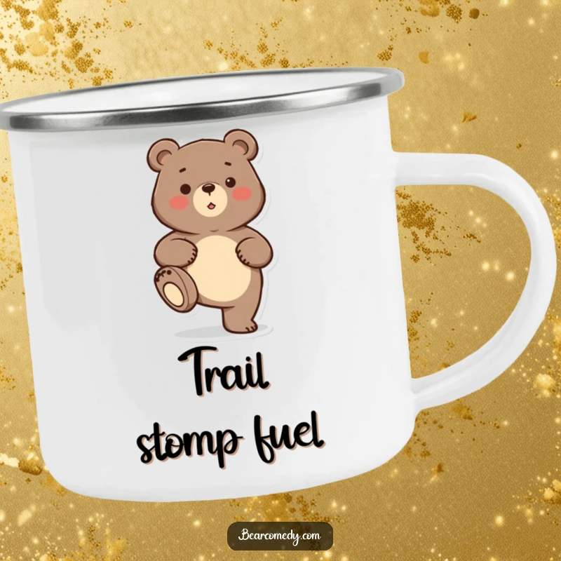 Funny bear character playfully stomping its foot on a durable camping mug, for outdoor laughs.