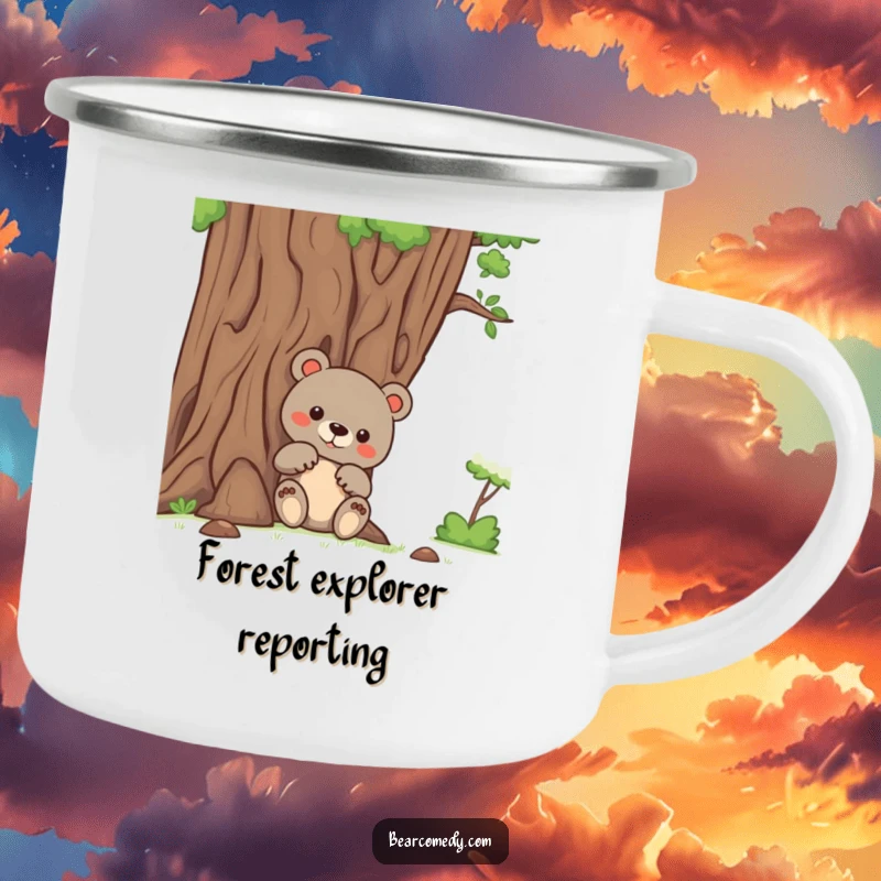 Funny bear camping mug with a curious bear peeking from behind a large tree, perfect for enjoying beverages outdoors.
