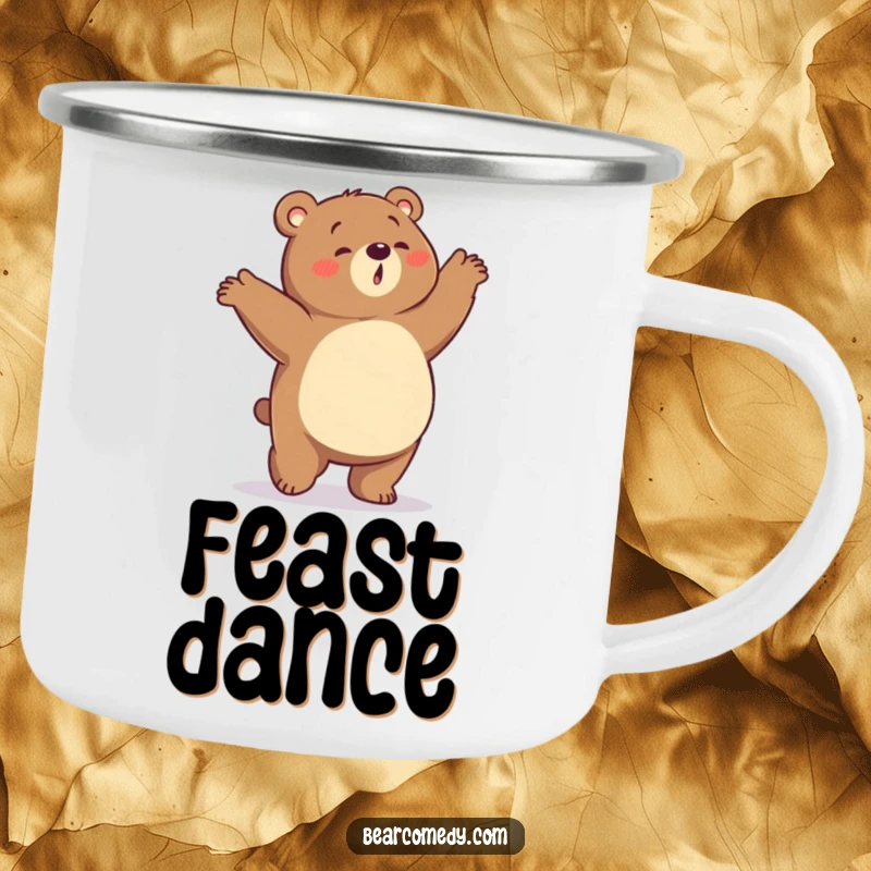 Funny enamel camping mug with a bear character with a rumbling tummy, doing a silly dance, perfect for hungry adventurers.