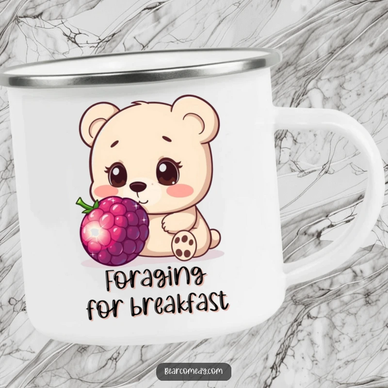 Funny enamel camping mug showing a bear character curiously sniffing a giant, sparkling berry with wide, innocent eyes, perfect for outdoor lovers.
