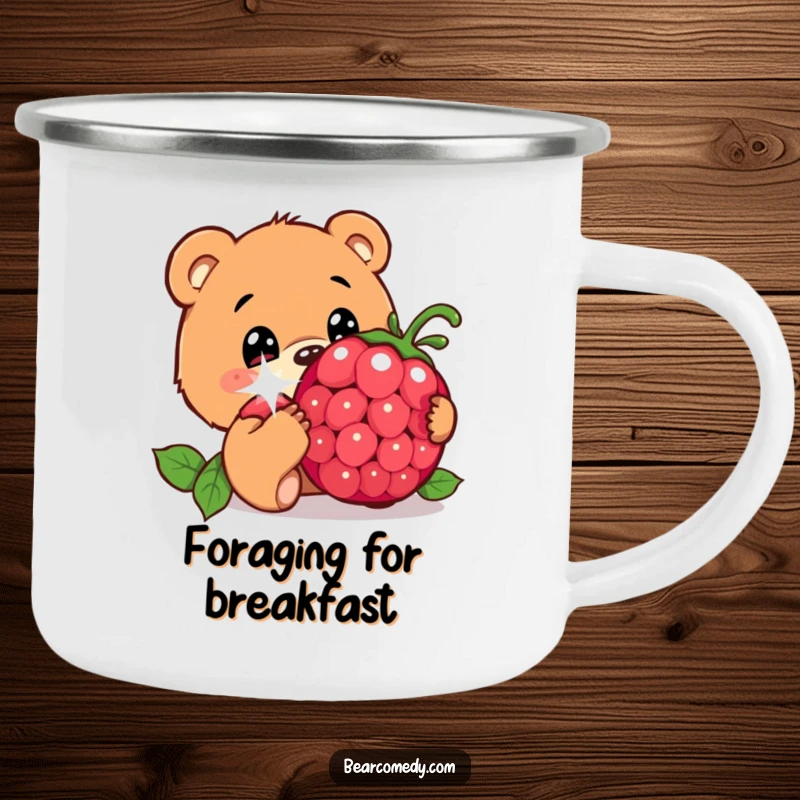 Funny camping mug depicting a bear character with innocent eyes curiously sniffing a giant, sparkling berry, ready for outdoor discovery.