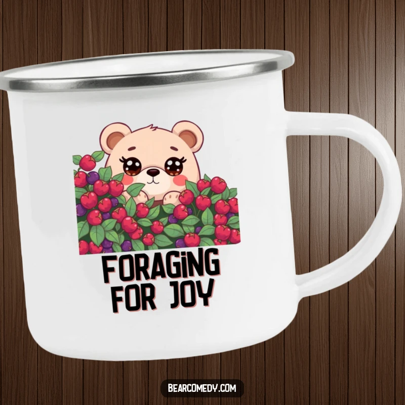 Funny enamel camping mug with a bear character having oversized eyes, peeking from behind a berry bush, perfect for nature lovers.
