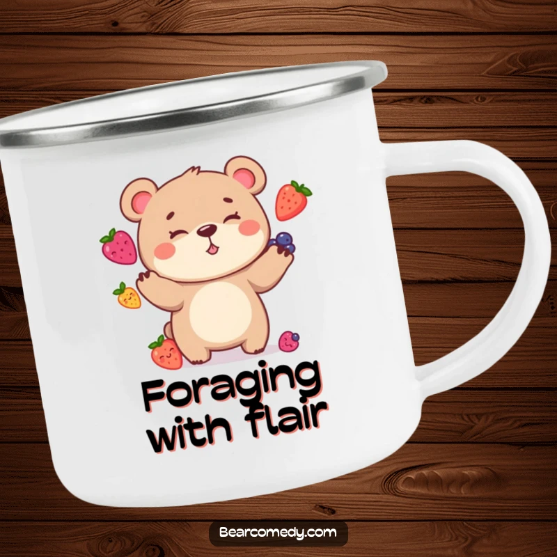 Funny Camping Mug showing a bear character with a goofy grin, comically juggling berries, ideal for enjoying beverages outdoors with humor.