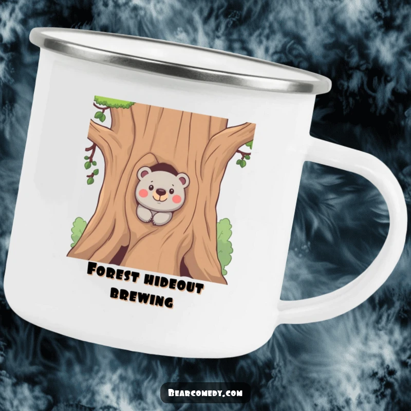 Funny camping mug featuring a bear peeking from behind a tree with a mischievous expression, durable for outdoor use with playful appeal.