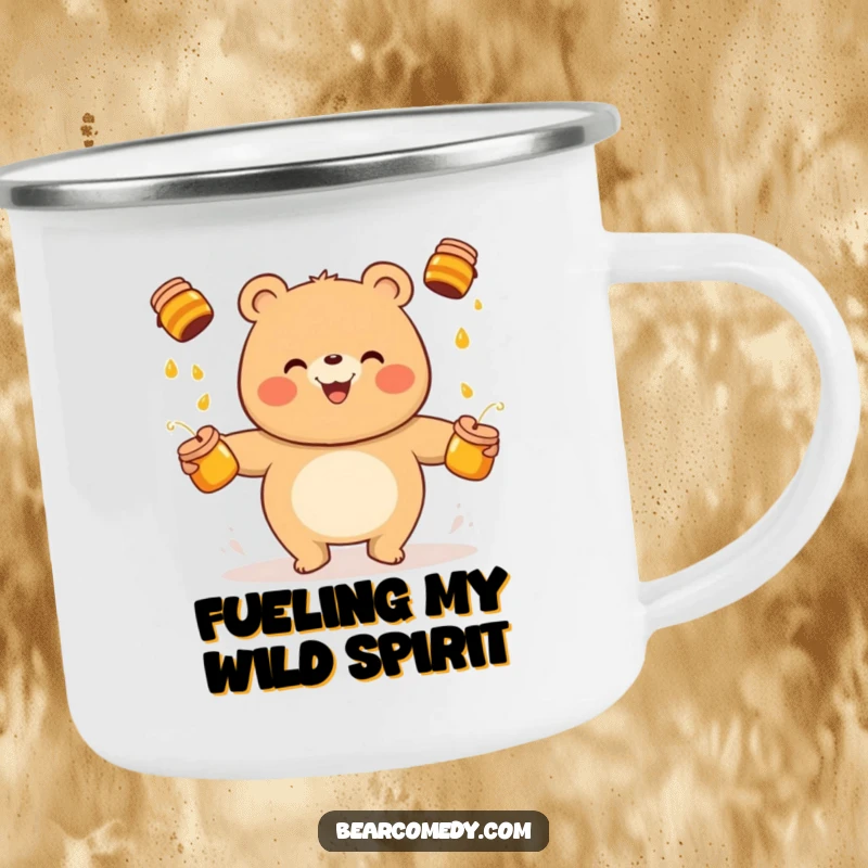 Funny bear camping mug featuring a cheerful character juggling honey pots, perfect for enjoying beverages during outdoor adventures.