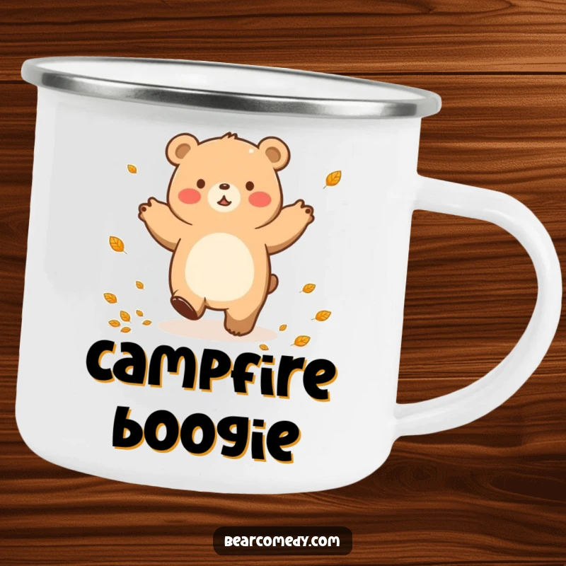 Funny camping mug illustration of a bear character doing a happy lumbering dance, surrounded by small autumn leaves.