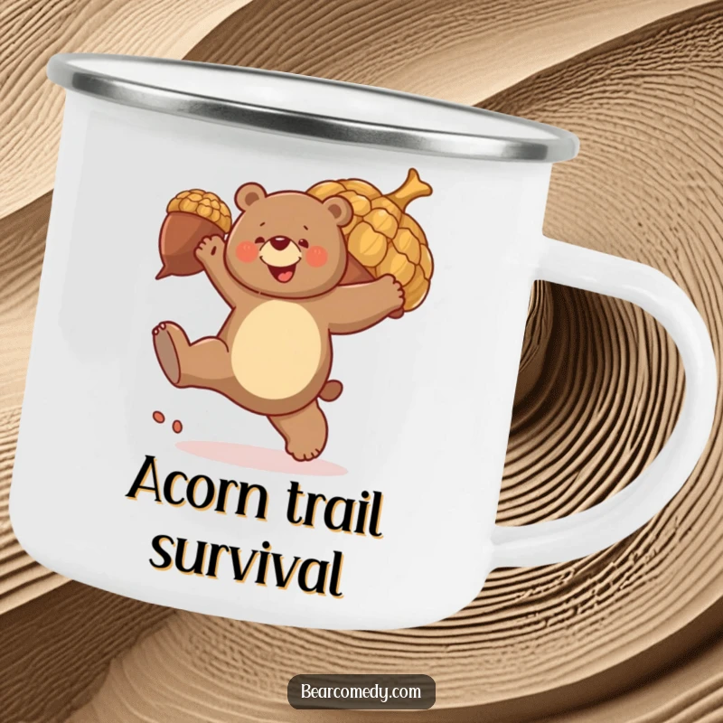 Funny camping mug: A bear joyfully kicks a giant, bouncing acorn, ideal for outdoor adventures and playful moments.