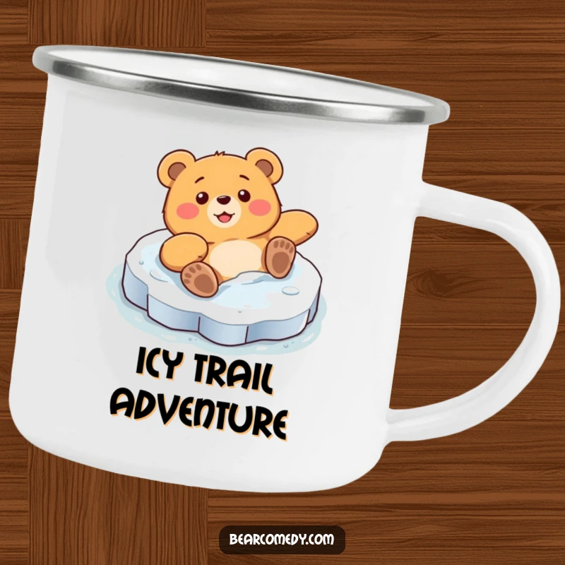 Funny camping mug depicting a bear character comically sliding on a slick ice patch with surprised delight, ready for winter fun.