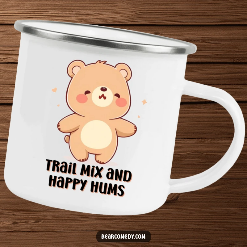 Funny camping mug with a bear character humming cheerfully and swaying while dancing in a gentle breeze.