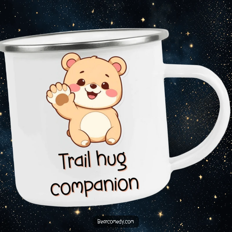 Funny camping mug with a cute bear character beaming and waving its oversized paw, ideal for outdoor adventures.