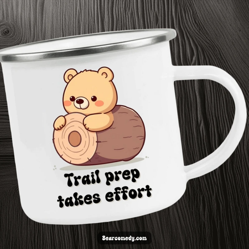 Funny camping mug with a bear character determinedly nudging a giant, round log.