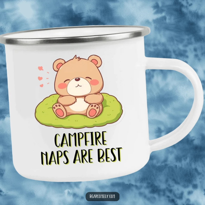 Funny camping mug with a bear character happily sighing while lounging on a soft, mossy bed.