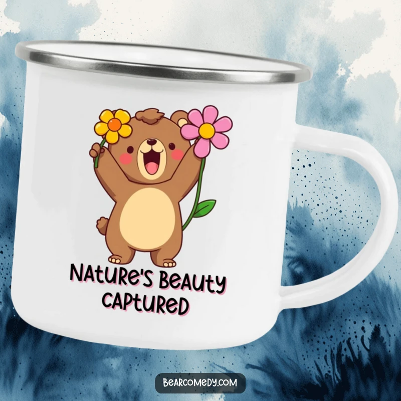 Funny camping mug with a bear character proudly roaring and holding a brightly colored flower aloft.
