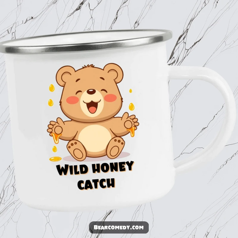 Funny camping mug of a bear with paws outstretched, joyfully catching falling honey, ideal for sweet outdoor moments.