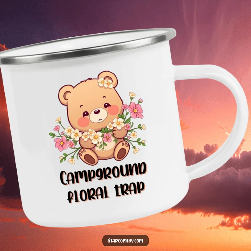Funny camping mug: A bear is playfully entangled in a garland of flowers, ideal for outdoor adventures and smiles.