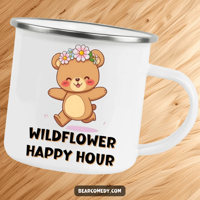 Funny bear camping mug with a joyful bear character galloping with a flower crown askew, perfect for outdoor fun.