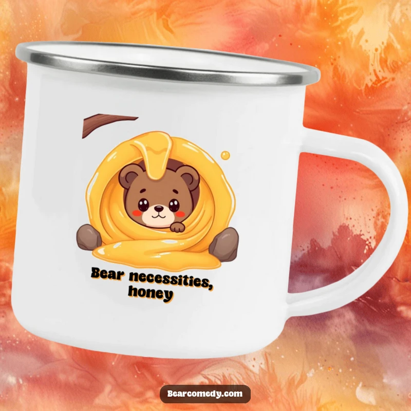 Funny camping mug with a bear character wide-eyed peeking from a giant, swirling honey stream, perfect for outdoor sweetness.