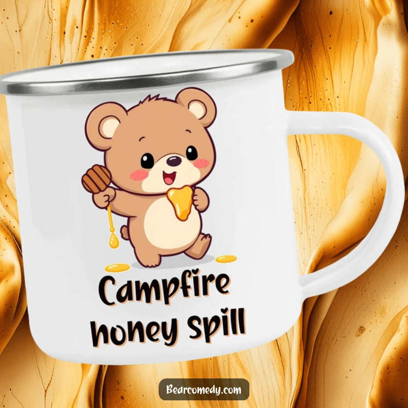 Funny camping mug with a bear with oversized ears comically tripping while holding a pot of honey.