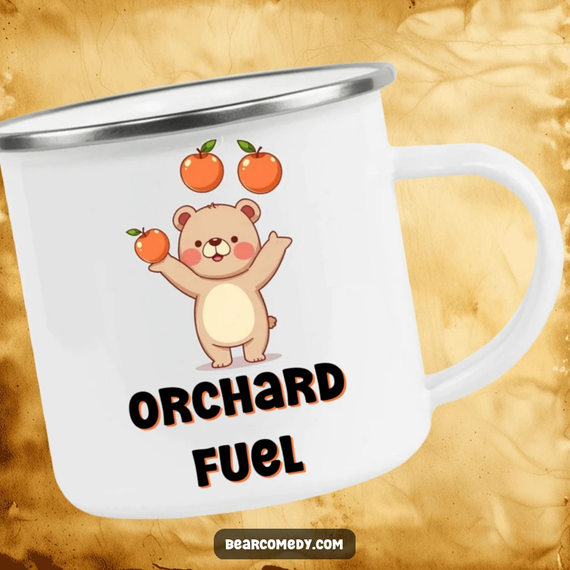 Funny bear camping mug showing a bear comically juggling three ripe apples, perfect for outdoor humor and as a funny gift.