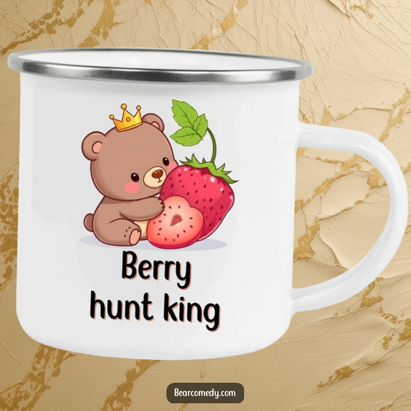 Funny camping mug with a bear wearing a small crown playfully nudging an oversized berry.