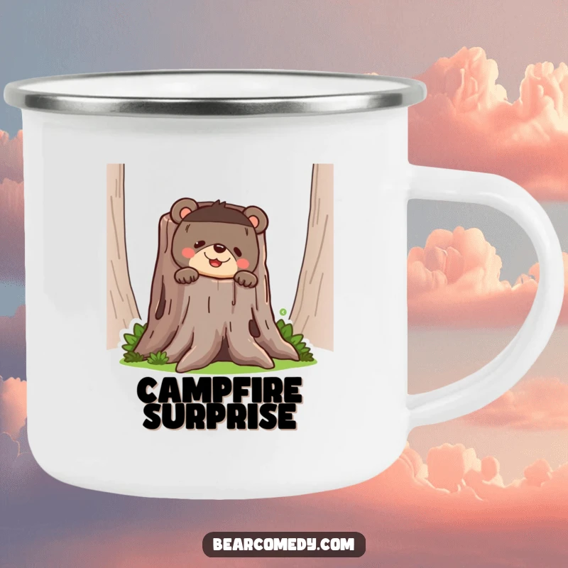 Funny bear camping mug showing a bear peeking from behind a tree stump with a mischievous, funny grin, for outdoor fun.