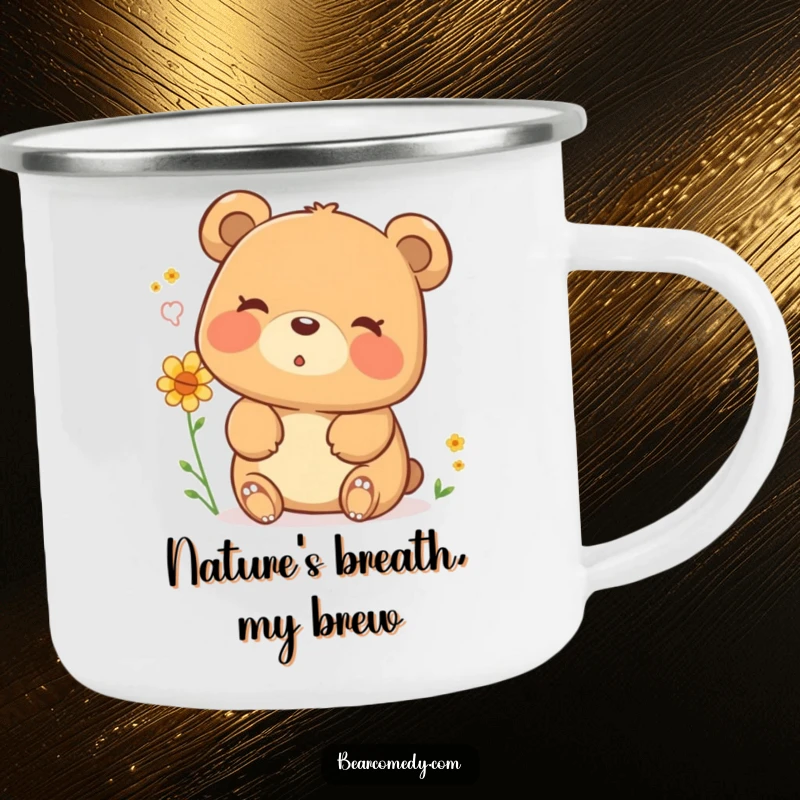 Funny camping mug featuring a happy bear character blowing a puff of pollen with a contented sigh, ideal for rustic humor and drinks.