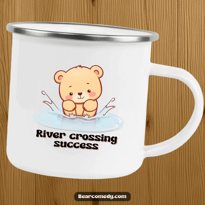 Funny Camping Mug showing a bear animal splashing in a puddle, perfect for enjoying beverages outdoors with cute, humorous charm.