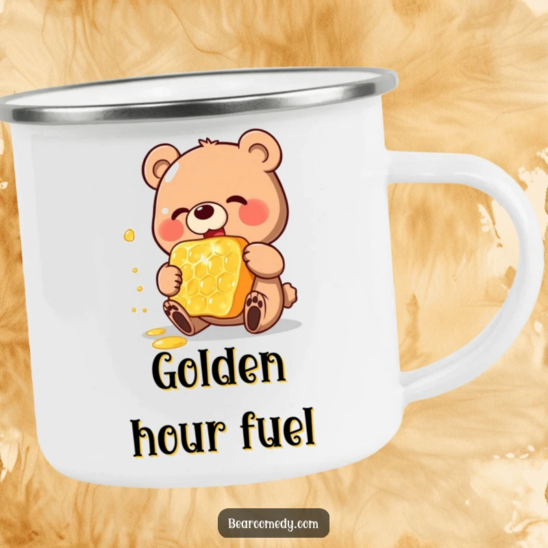 Funny camping mug featuring a happy bear charactereating a gigantic, shimmering honeycomb, ideal for enjoying drinks by the campfire.