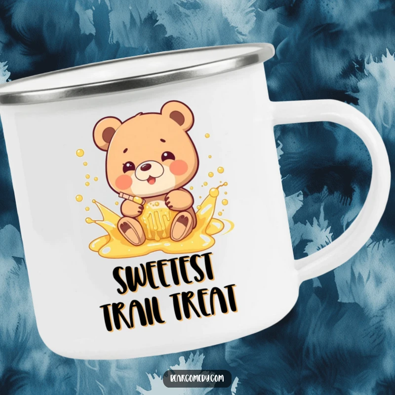 Funny camping mug featuring a bear gleefully splashing in a bubbly honey stream, ready for sweet outdoor enjoyment.