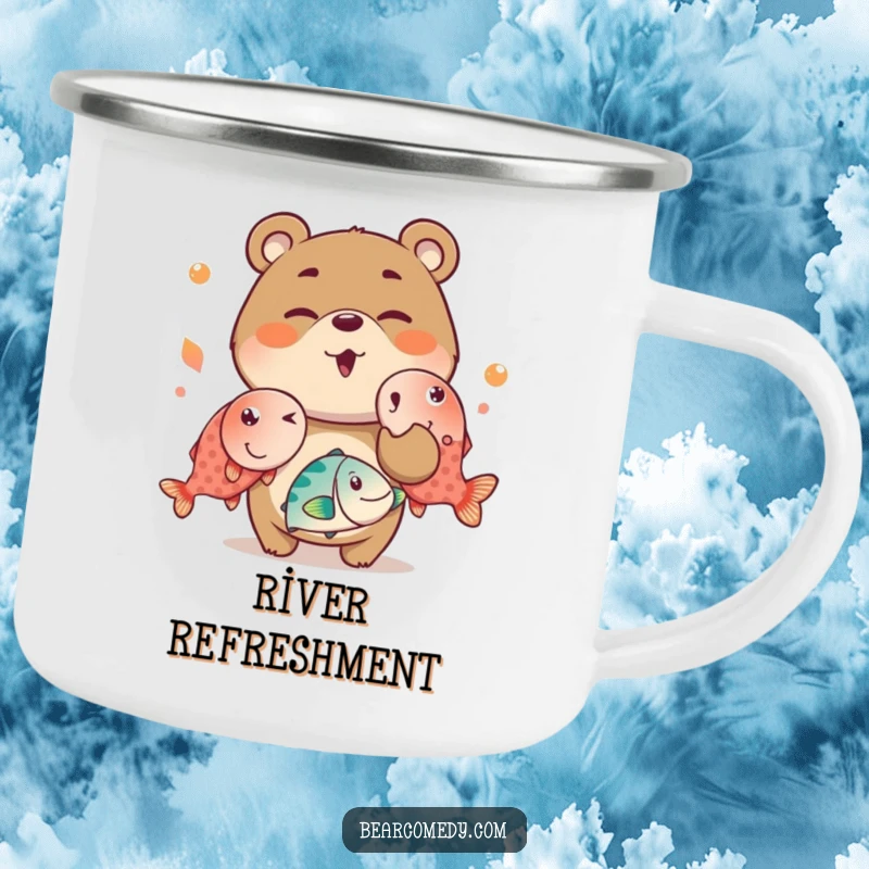 Funny camping mug featuring a mischievous bear charactere winking while juggling oversized, bright fish, perfect for enjoying drinks outdoors.
