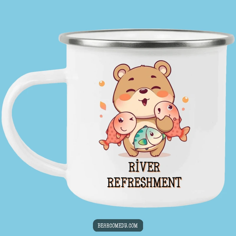 Funny Juggling Bear Camping Mug: Mischievous Bear, Fish, Outdoor Gift
