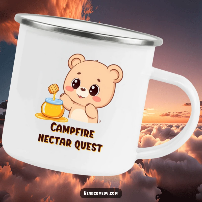 Funny camping mug with a kawaii bear reaching for a honey pot, adding a sweet and cheerful touch to outdoor beverage enjoyment.
