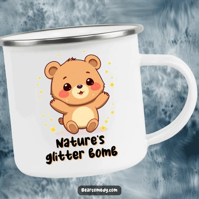 Funny camping mug with a gleeful bear character spinning with delight, covered in sparkling pollen, perfect for outdoor enjoyment.