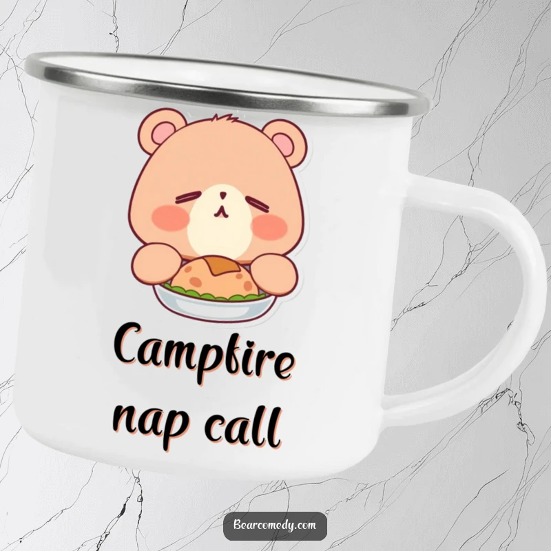 Funny camping mug of a sleepy bear with happy eyes, adorably yawning after a big meal, for cozy outdoor moments.