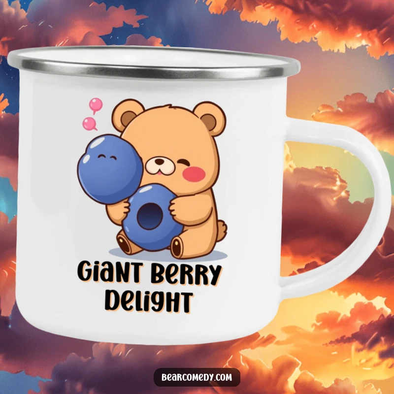 Funny camping mug featuring a bear with a happy sigh, enjoying a giant blueberry, ready for happy outdoor moments.