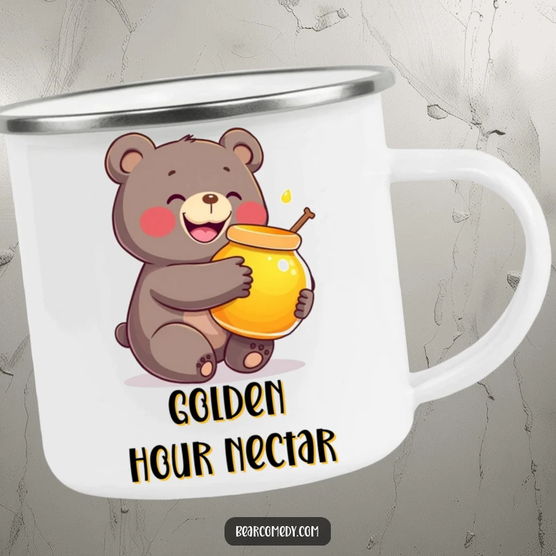 Funny camping mug illustration of a bear character joyfully hugging a radiant honey pot, ready for campfire tales.