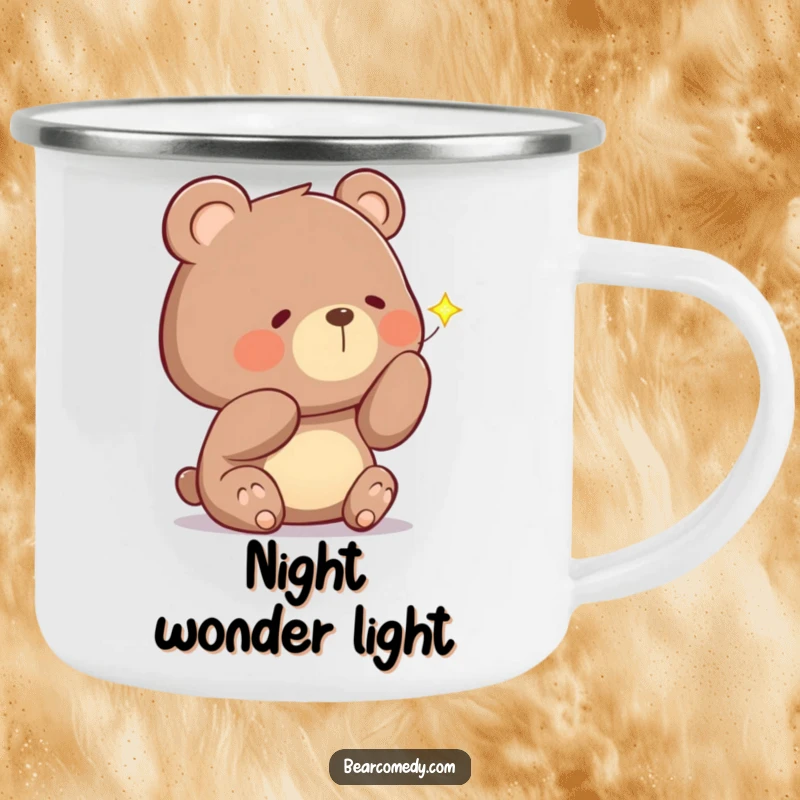 Funny camping mug of a curious bear with a tilted head, examining a sparkling firefly, for magical outdoor moments.
